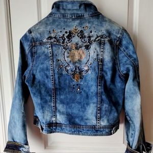 Denim jacket embellishments and embroidery